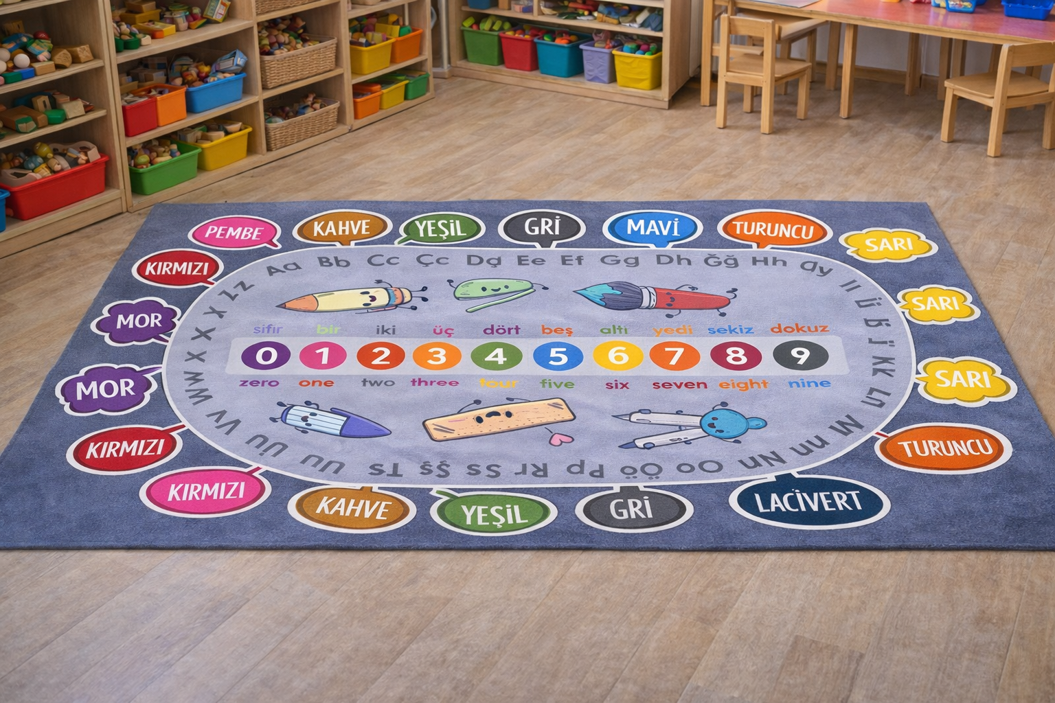 Anaokulunda kullanılan eğitici boyama oyun halısı
