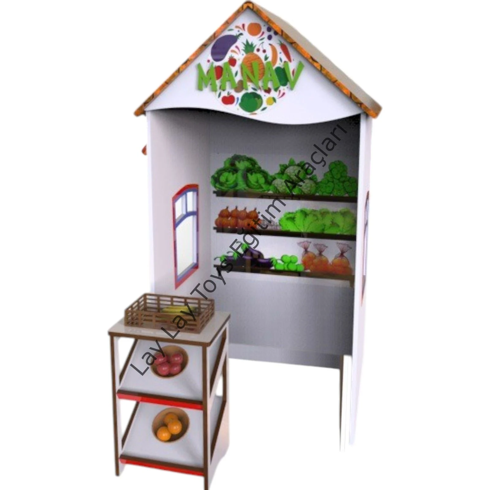 Ahşap manav merkezi anaokulu ve kreşler için market temalı ilgi köşesi