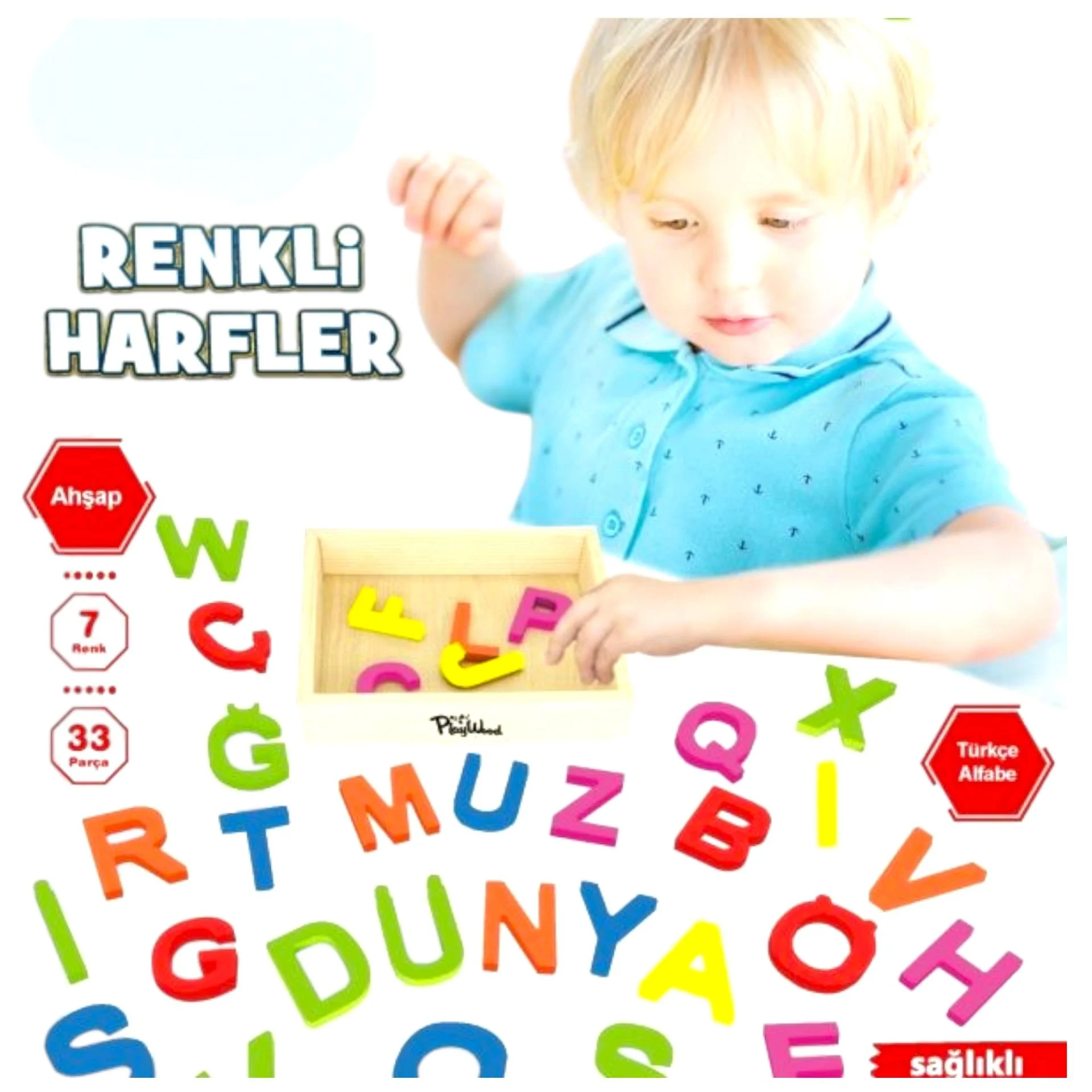 Ahşap renkli harfler kutuda 33 parça