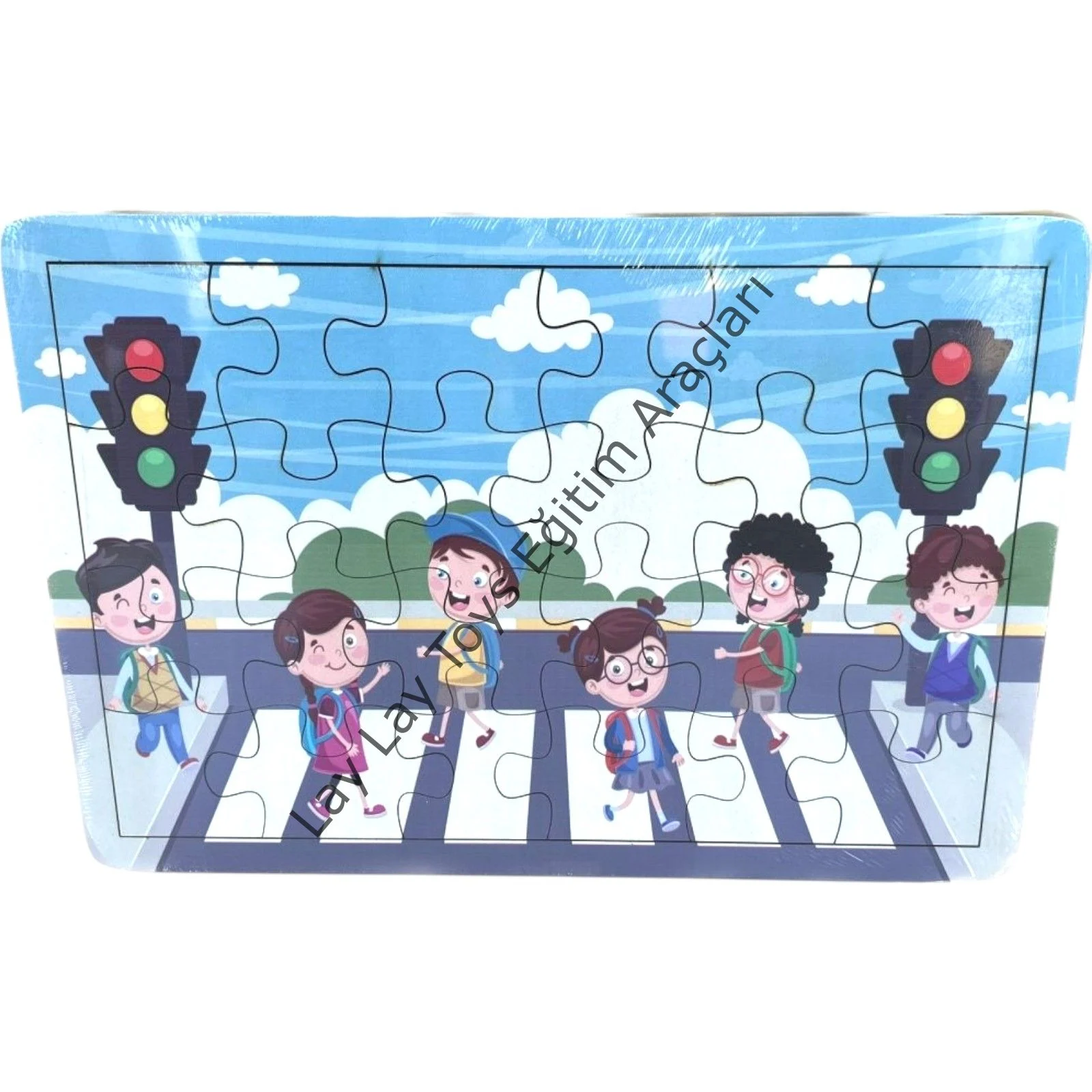 Ahşap yaya geçidi puzzle anaokulu ve kreşler için 24 parçalı eğitici trafik puzzle seti