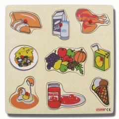 Anaokulu ve kreş için besin grupları öğretici ahşap kulplu puzzle