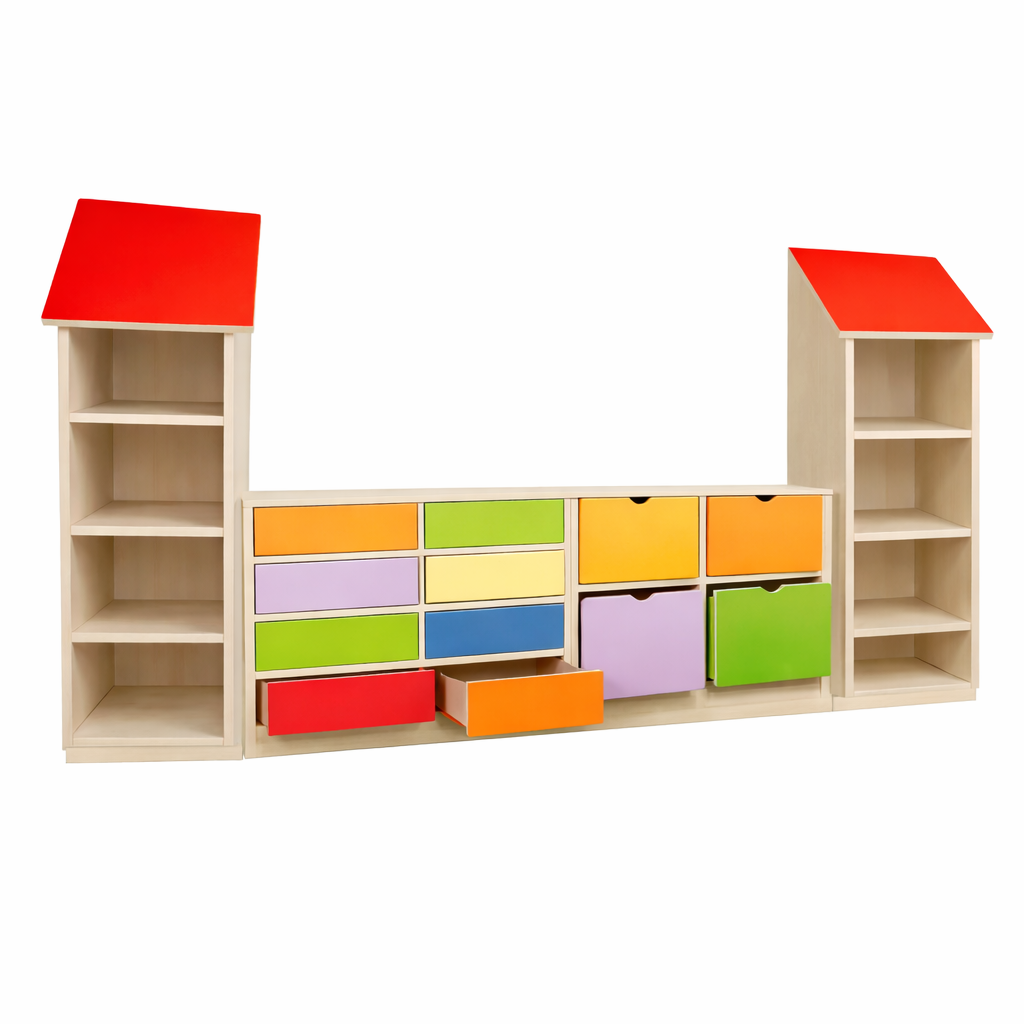 anaokulu için çatılı çocuk dolap seti kreş sınıf dolabı 220x150x40 cm