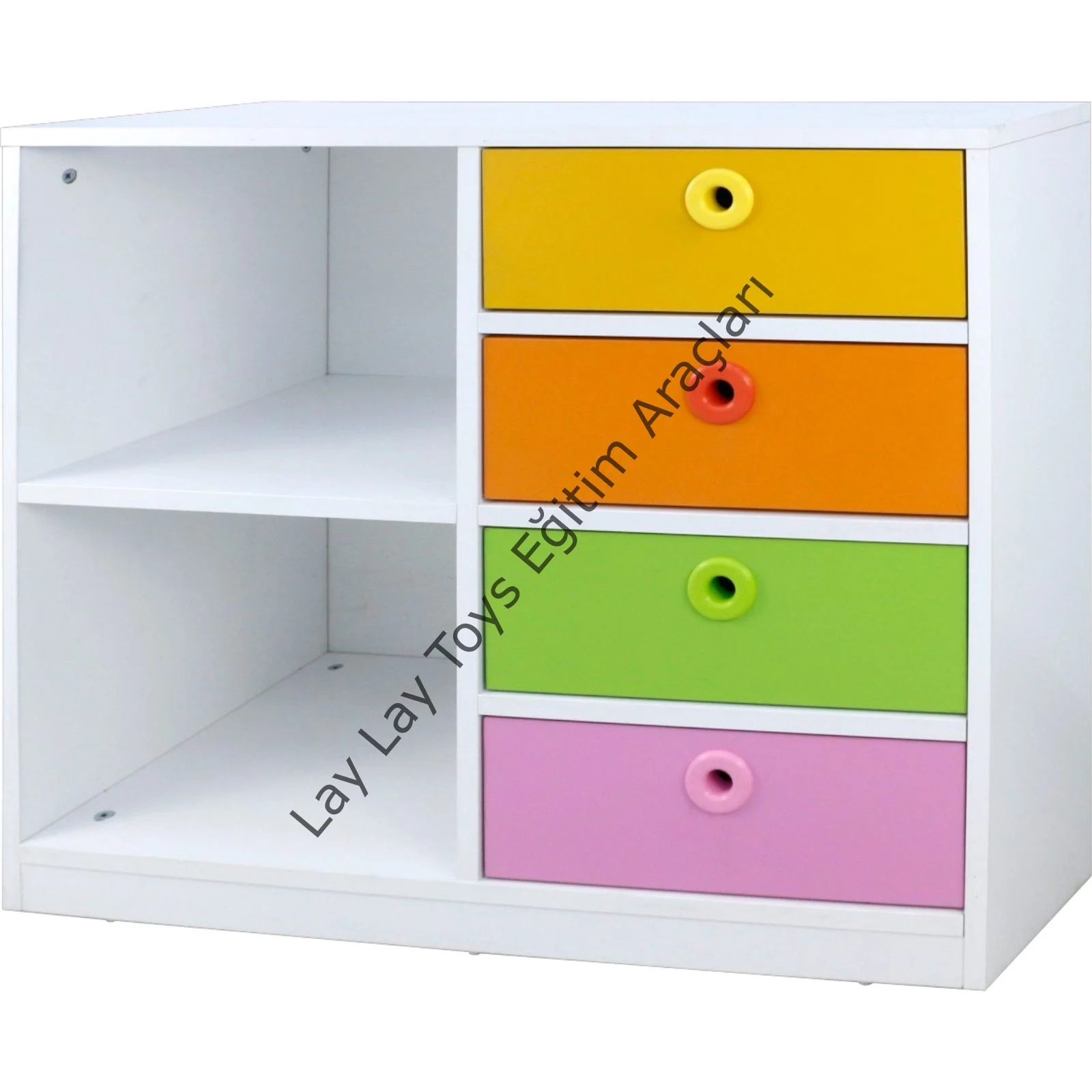 2 bölme 4 çekmeceli çocuk dolabı anaokulu ve kreşler için güvenli materyal dolabı