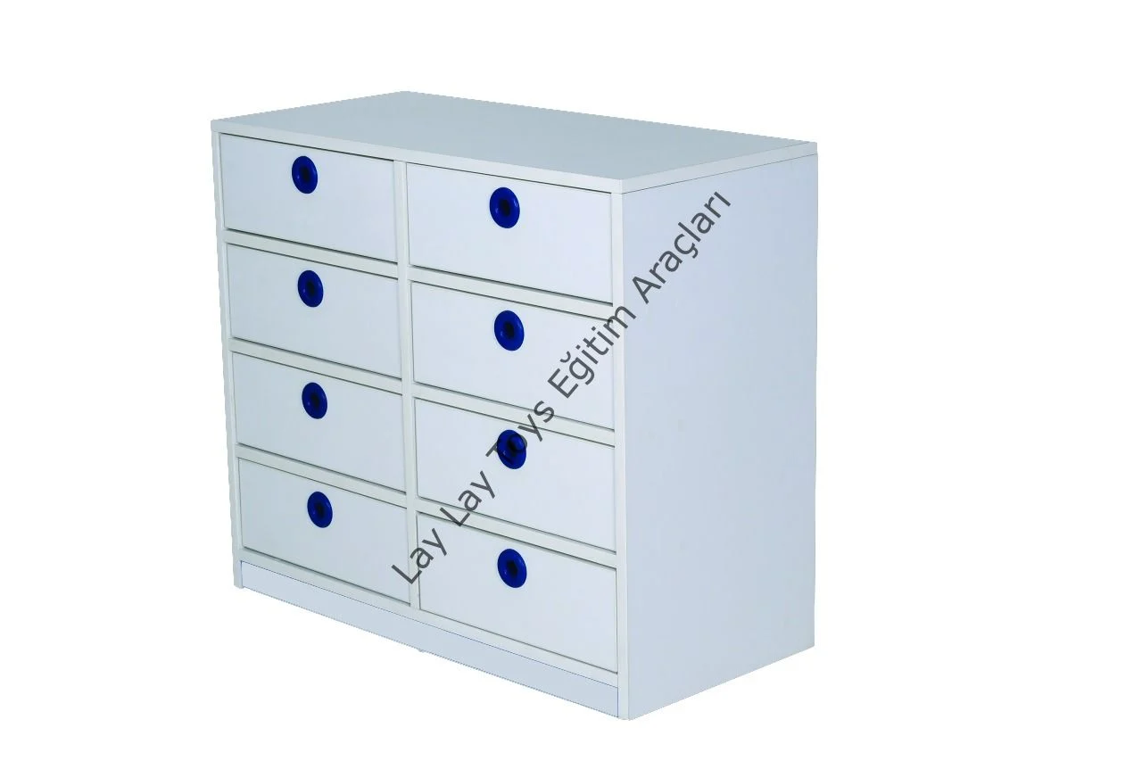 8 çekmeceli çocuk dolabı anaokulu ve kreşler için beyaz çekmeceli dolap