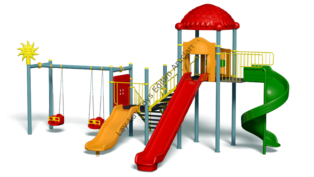 3 kuleli çocuk oyun parkı 9x7 metre dalgalı ve helezon kaydıraklı oyun grubu