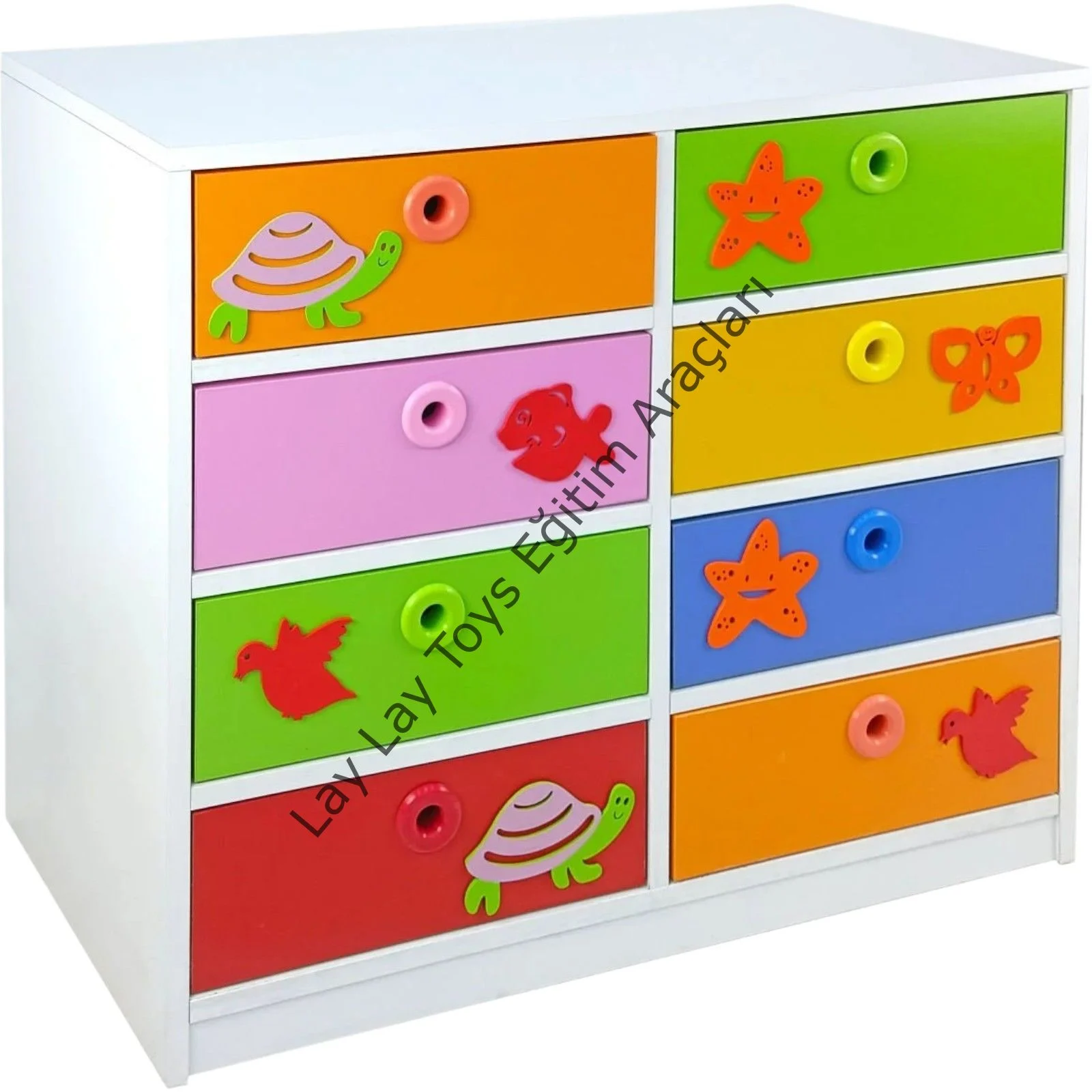 Figürlü çocuk dolabı 8 çekmeceli anaokulu ve kreşler için dekoratif materyal dolabı