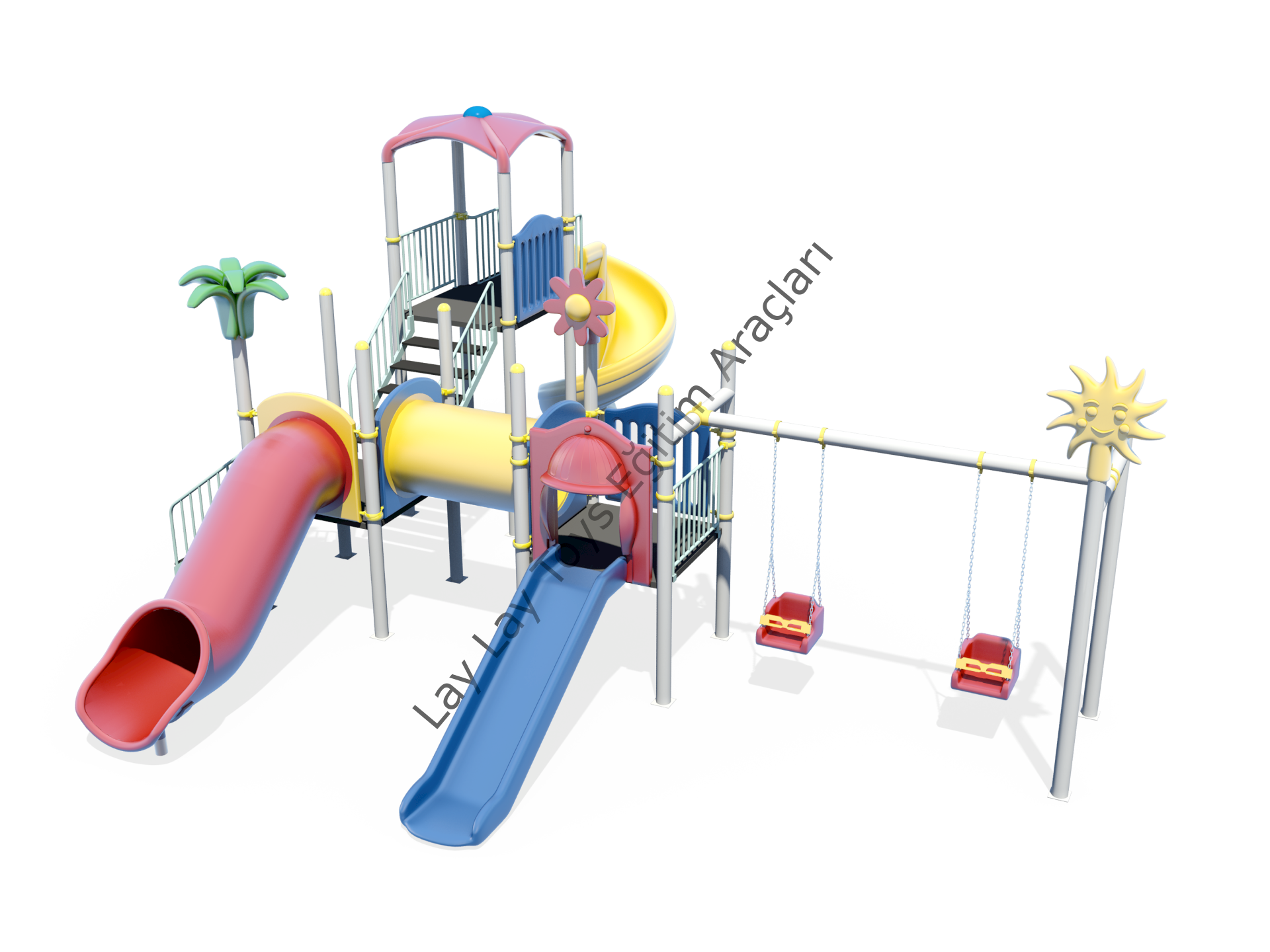 Metal tek kule üç kaydırak salıncaklı anaokulu oyun parkı kreş ve okul bahçeleri için