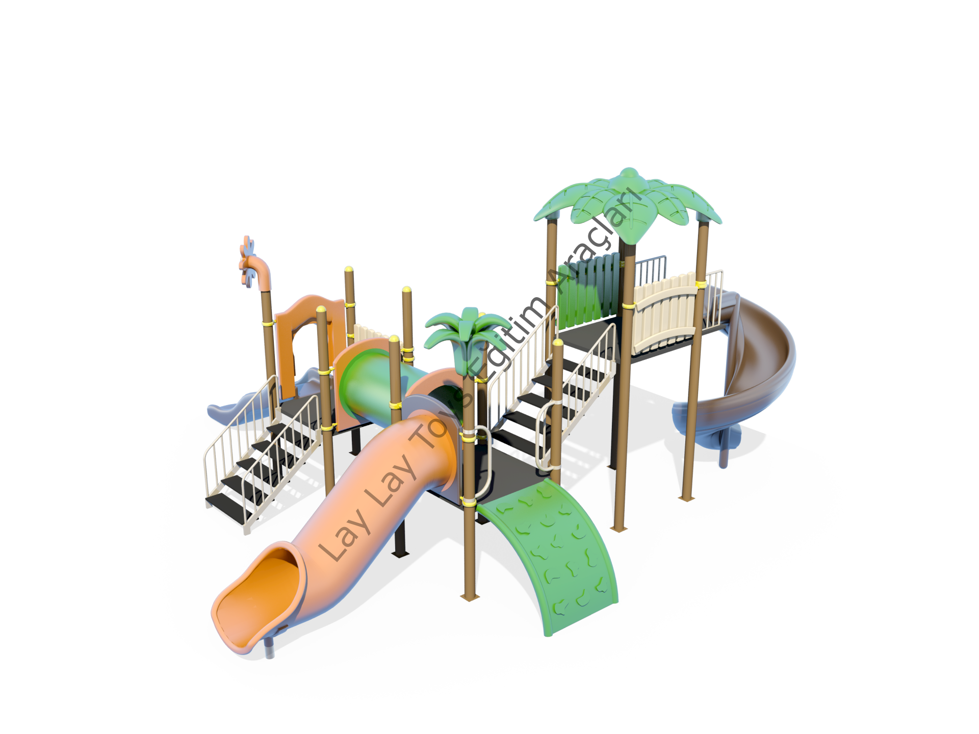 Orman temalı tek kule üç kaydıraklı çocuk oyun parkı anaokulu ve kreşler için