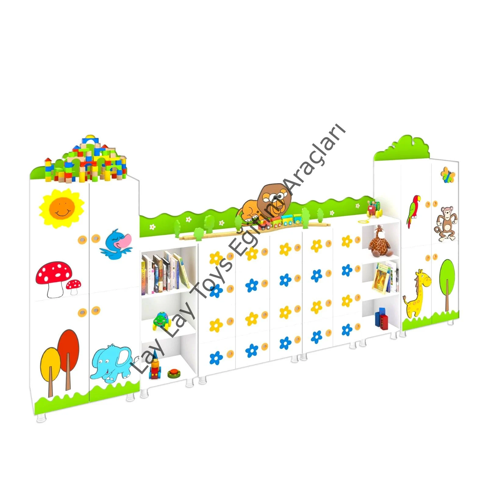 anaokulu için park figürlü dolap seti dekoratif çocuk dolabı